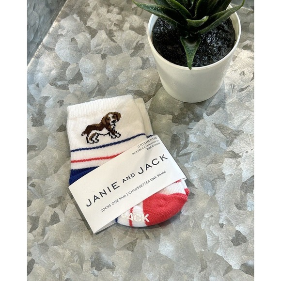 Janie‎ and Jack Baby Boys 0-3 Months Striped Dog Print Ankle Socks in White - Picture 1 of 2